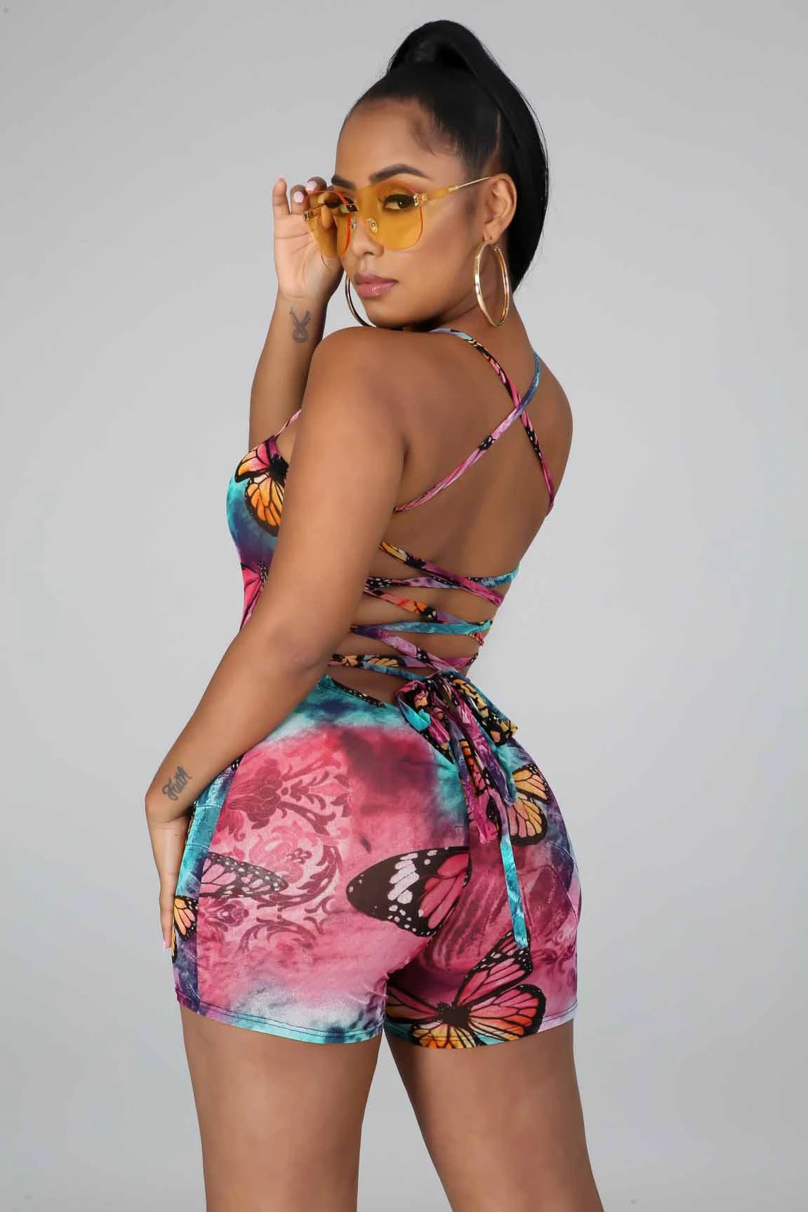 Women's Tie Dye Butterfly Print Sling Backless Jumpsuit