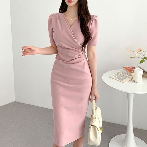 Korean Chic Summer French Style Temperament V-neck Irregular Dress