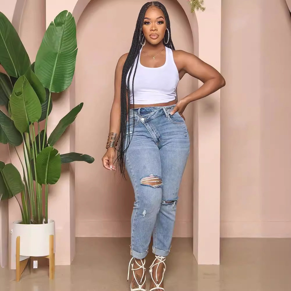 Women's Ripped Cool Diagonal Zipper Jeans