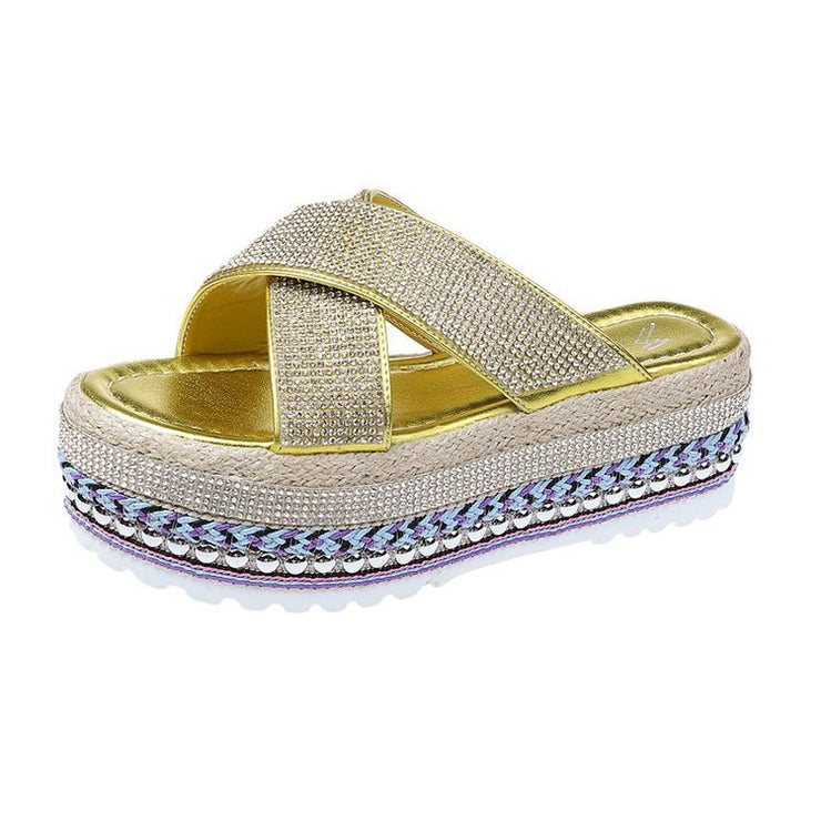 Cross Rhinestone Woven Waterproof Platform Toe Women&