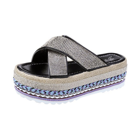 Cross Rhinestone Woven Waterproof Platform Toe Women&