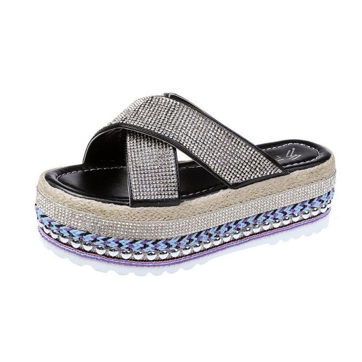 Cross Rhinestone Woven Waterproof Platform Toe Women&