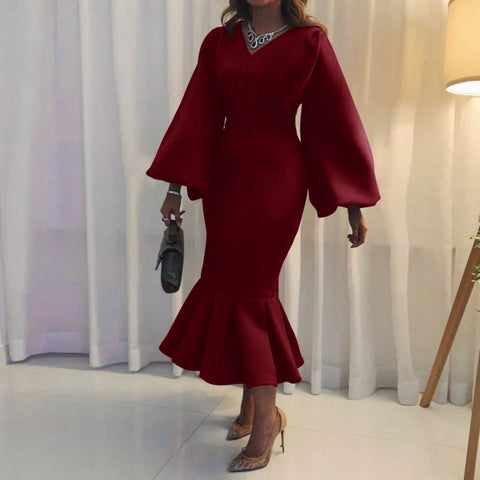 European And American Fashion Plus Size V-neck Long-sleeve Dress