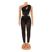 Women's Fashion Sexy Mesh See-through Irregular Top Two-piece Suit