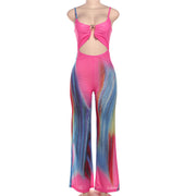 Summer New Sexy Tight Backless Contrast Color Low-cut Sling High Waist Jumpsuit