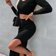 Solid Color Knitted Long-sleeve Suit Half-length Slit Sheath Skirt Two Pieces