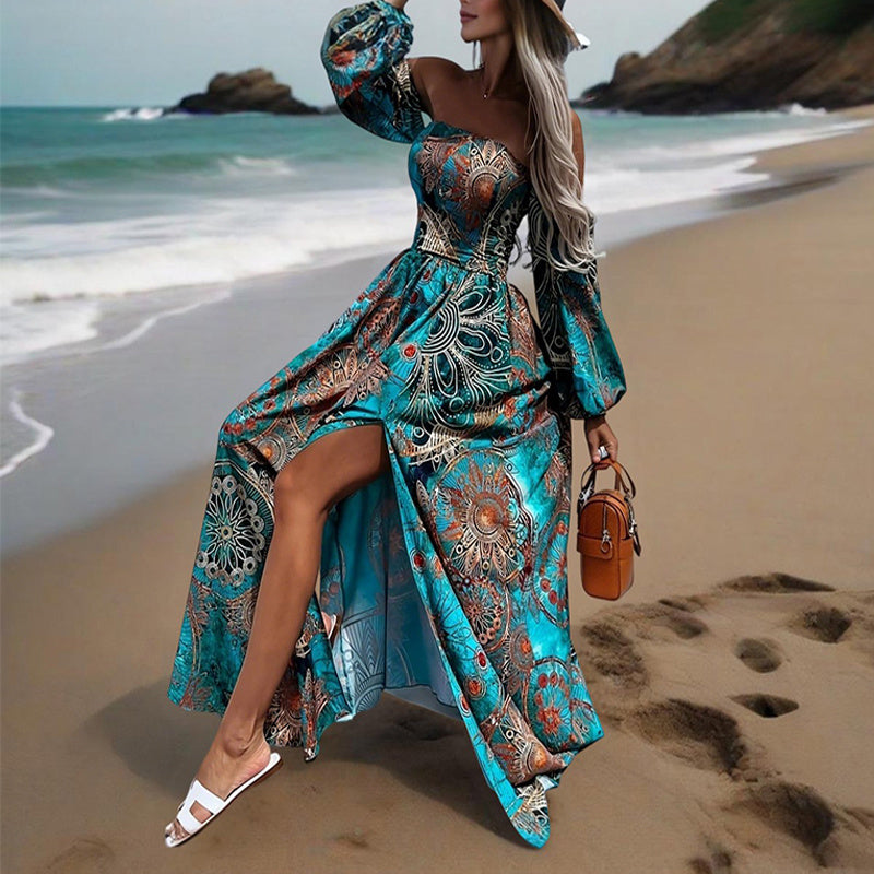Women's Strapless Off-Shoulder Long Sleeve A-Line Dress - Bohemian Beach Maxi Dress With High Slit For Summer Vacation
