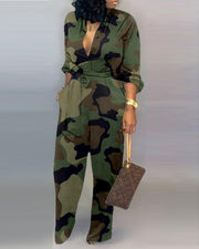 Pocket wide leg pants camouflage jumpsuit