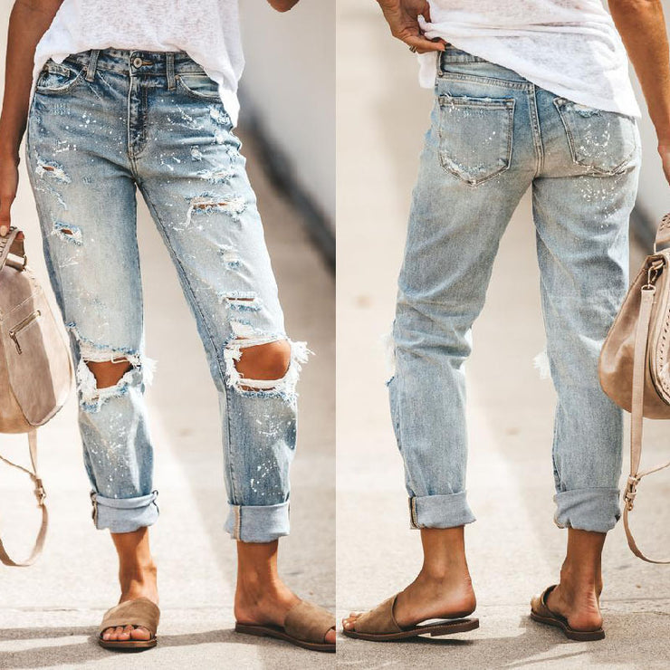 Autumn Street Hipster Trousers Ripped Washed Straight-leg Pants Women&