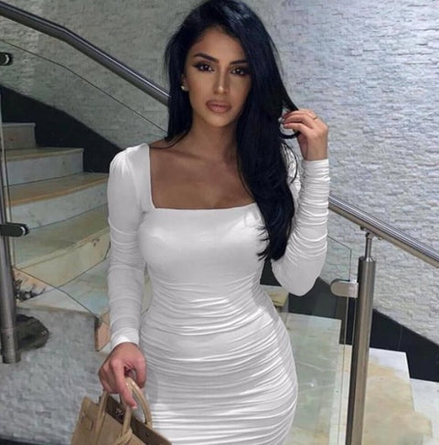 Pure color basic slim slimming pleated hip dress