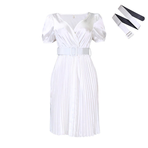 Summer V-neck Cinched Pleated European And American Style Dress