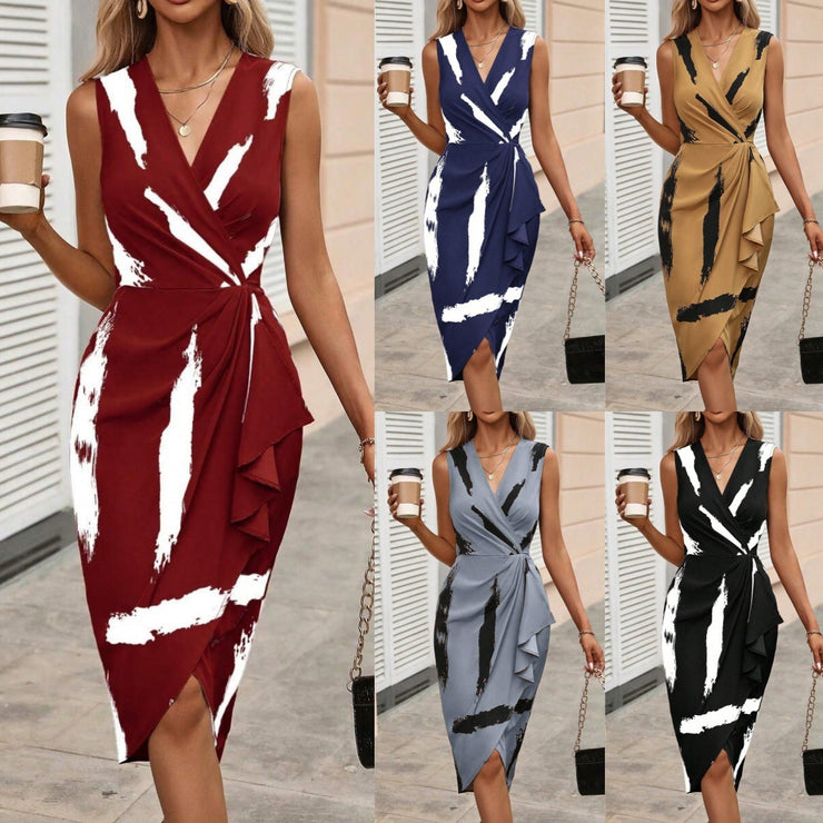 Summer New V-neck Wooden Ear Sleeveless Skirt