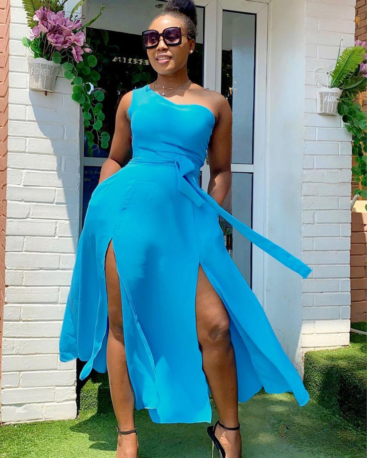 Fashion Slant Shoulder Solid Color Split Dress