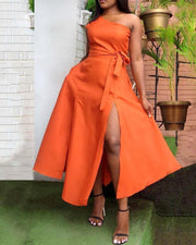 Fashion Slant Shoulder Solid Color Split Dress