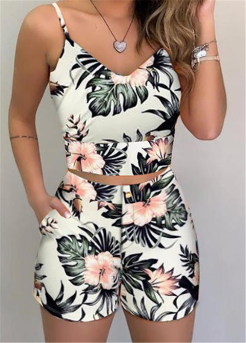Summer Plant Flower Strap Slim Fit Shorts