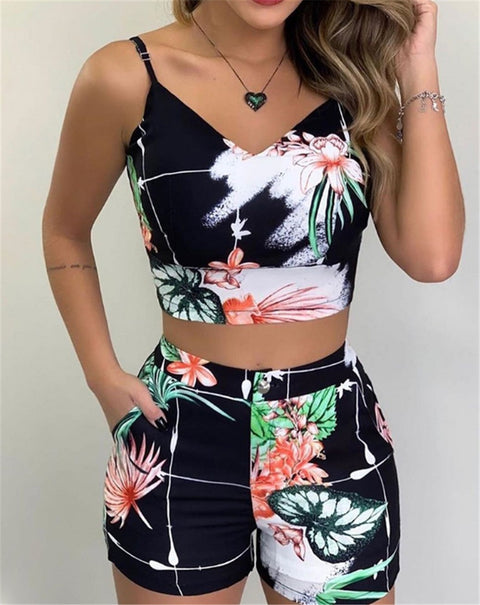 Summer Plant Flower Strap Slim Fit Shorts