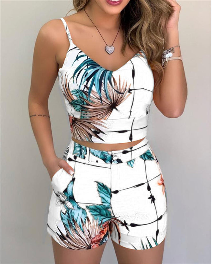 Summer Plant Flower Strap Slim Fit Shorts