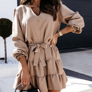 Women's Dress Solid Color Sexy V Neck Long Sleeved Lace Up Skirt