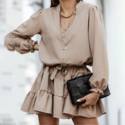 Women's Dress Solid Color Sexy V Neck Long Sleeved Lace Up Skirt