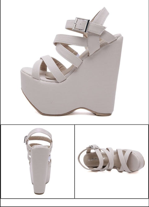Gdgydh Height 16 Cm High Heel Platform Wedge Sandals Cross Strap Gothic Punk Style Gladiator Fish Mouth Shoes For Women