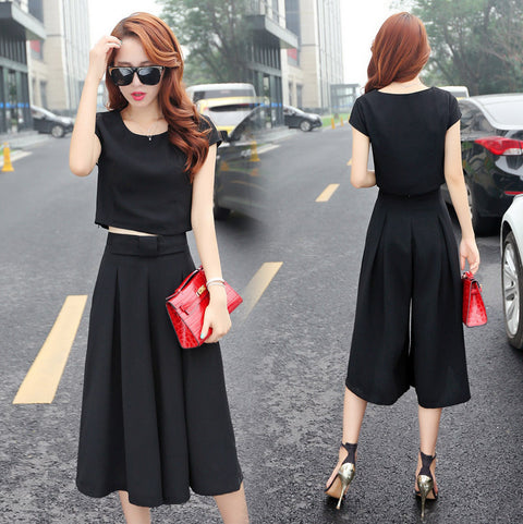 Korean Wide-Leg Pants Trousers Short-Sleeved T-Shirt Suit Women Summer Two-Piece New Fashion Trendy Skirt Pants Women