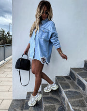Long-Sleeved Women'S Jacket Ripped Denim Jacket Top