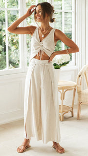 Fashion Solid Color Drawstring Short-Sleeved Blouse Wide-Leg Split Trousers Two-Piece Suit
