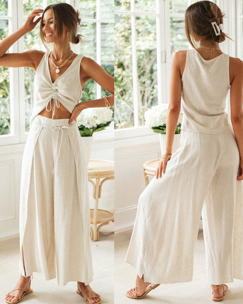 Fashion Solid Color Drawstring Short-Sleeved Blouse Wide-Leg Split Trousers Two-Piece Suit