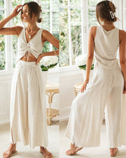 Fashion Solid Color Drawstring Short-Sleeved Blouse Wide-Leg Split Trousers Two-Piece Suit