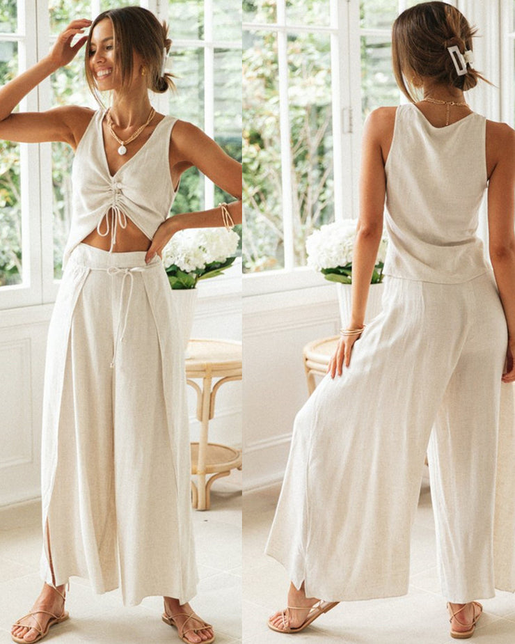Fashion Solid Color Drawstring Short-Sleeved Blouse Wide-Leg Split Trousers Two-Piece Suit