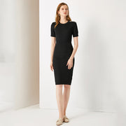 Round Neck Bag Hip High Waist Mid-Length Skirt Skirt Solid Color Black Knitted Temperament Commuter Dress European And American Style