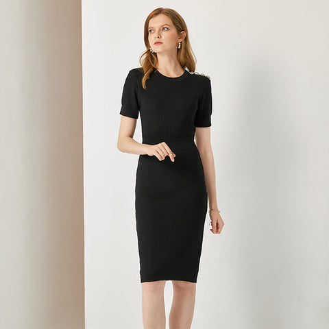 Round Neck Bag Hip High Waist Mid-Length Skirt Skirt Solid Color Black Knitted Temperament Commuter Dress European And American Style