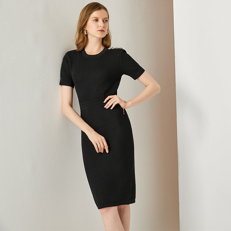 Round Neck Bag Hip High Waist Mid-Length Skirt Skirt Solid Color Black Knitted Temperament Commuter Dress European And American Style