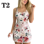 Low Neck Sexy Suspender Straight Dress Big Flower Print Dress