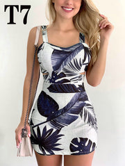 Low Neck Sexy Suspender Straight Dress Big Flower Print Dress