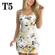 Low Neck Sexy Suspender Straight Dress Big Flower Print Dress