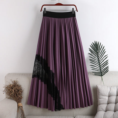 Early Autumn New High-waisted, Thin, Large-length, Elastic Waist, Pleated Stitching, Lace, Mid-length Skirt, Female Skirt