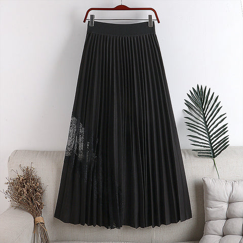 Early Autumn New High-waisted, Thin, Large-length, Elastic Waist, Pleated Stitching, Lace, Mid-length Skirt, Female Skirt