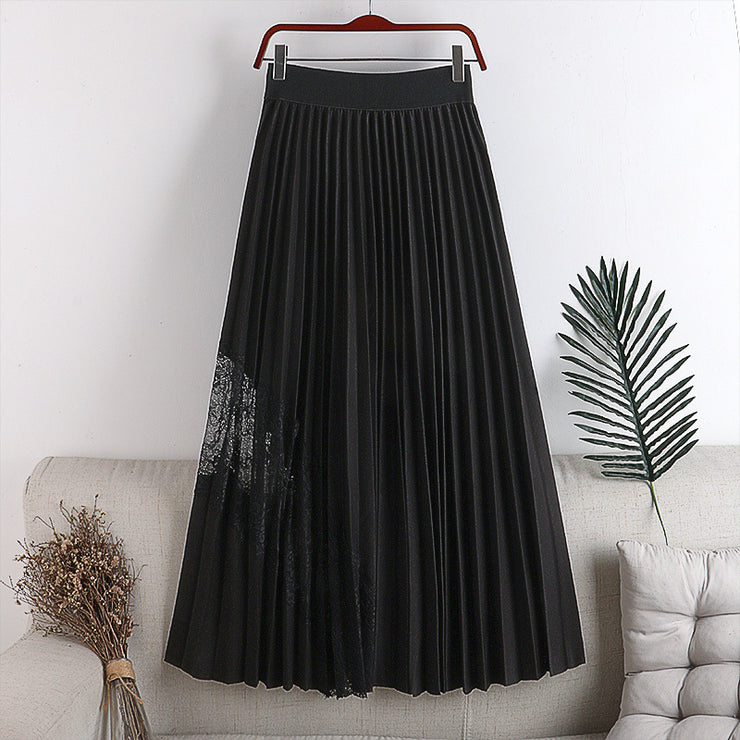 Early Autumn New High-waisted, Thin, Large-length, Elastic Waist, Pleated Stitching, Lace, Mid-length Skirt, Female Skirt