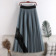 Early Autumn New High-waisted, Thin, Large-length, Elastic Waist, Pleated Stitching, Lace, Mid-length Skirt, Female Skirt