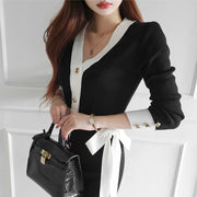 Women's knitting color matching slim lace up dress