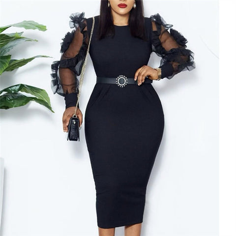 Mesh Flower Long Sleeve Slim Wrapped Pencil Skirt