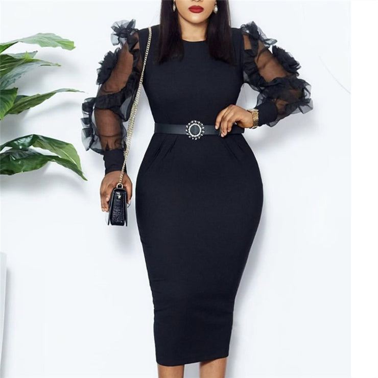 Mesh Flower Long Sleeve Slim Wrapped Pencil Skirt