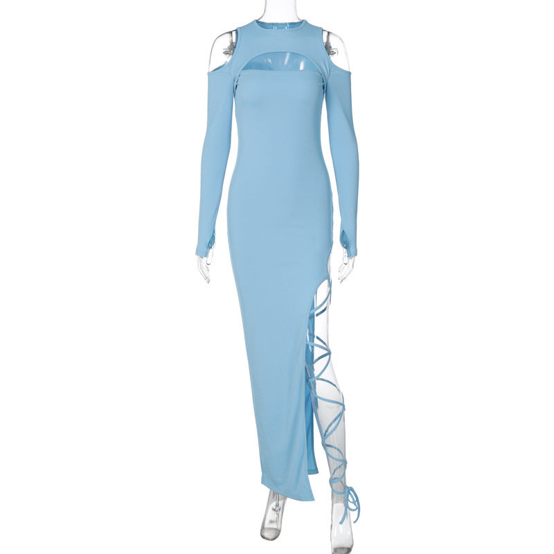Women's Solid Color Long Sleeve Hollow-out Leggings Split Dress
