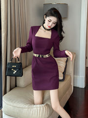 Autumn And Winter Women's Elegant Square Collar Slimming Dress