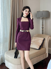 Autumn And Winter Women's Elegant Square Collar Slimming Dress