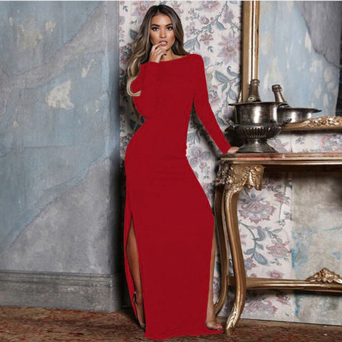 Solid color split long-sleeved maxi dress