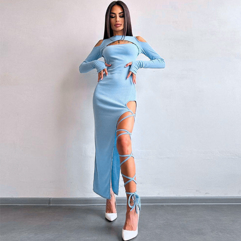 Women's Solid Color Long Sleeve Hollow-out Leggings Split Dress