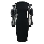 Mesh Flower Long Sleeve Slim Wrapped Pencil Skirt