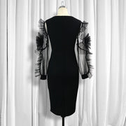 Mesh Flower Long Sleeve Slim Wrapped Pencil Skirt